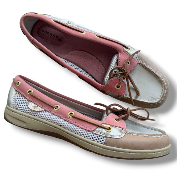 Sperry Top-Sider Shoes - Sperry TopSider Women 9.5 Pink Tan Gold Leather Mesh Angelfish Boat Shoes Preppy